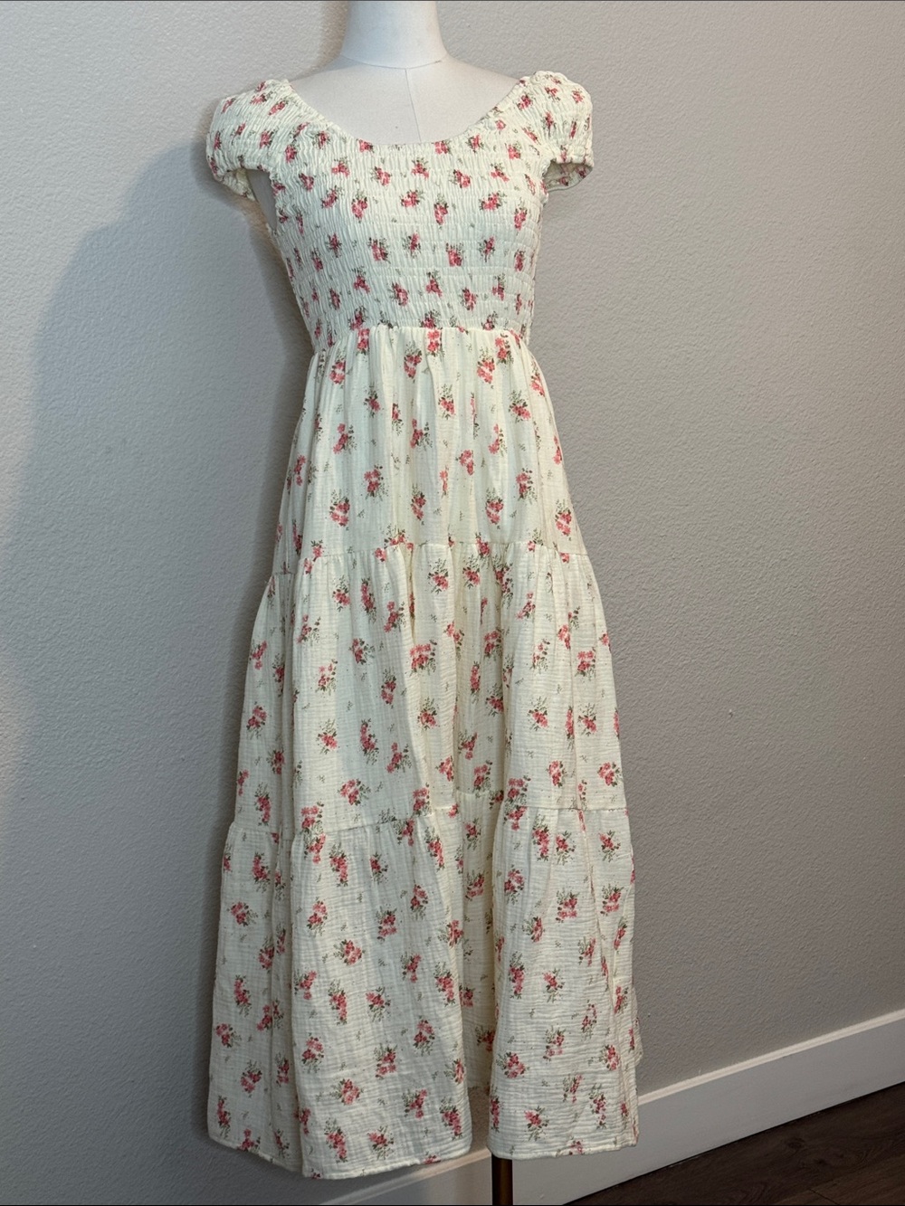 Cream Maxi Dress with Pink Floral Print and Smocked Bodice